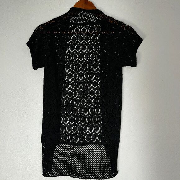 J & R Womens Cardigan Medium Sweater Black Knit Crochet Open Front - Picture 2 of 6